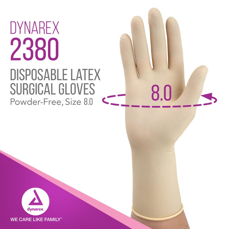 Dynarex Sterile Latex Surgical Gloves, Size 8 & Powder-Free, Offers Superior Protection & Comfort for Sensitive Hands, Beaded Cuffs, Bisque, 1 Box of 50 Pairs (Packaging May Vary) - Image 2